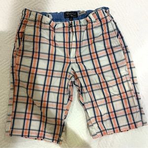 Boy’s Mayoral Shorts size 9 with adjustable waist. White w/ orange/blue plaid.